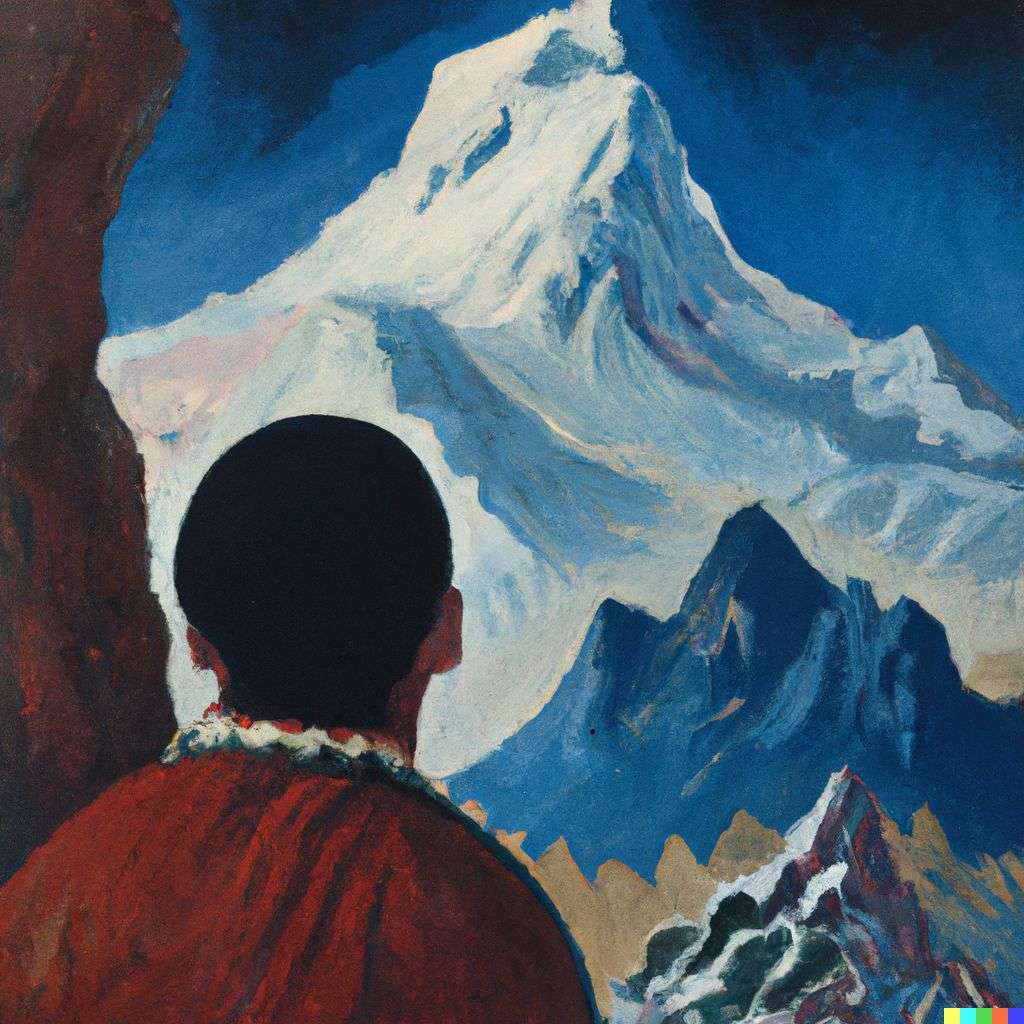 someone gazing at Mount Everest, painting from the 14th century